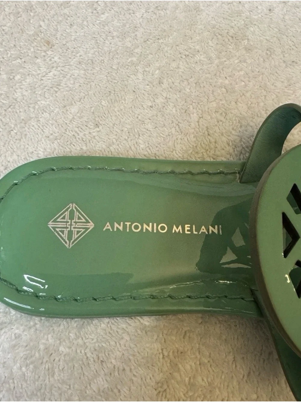 Antonio Melani Medallion Flat Sandals 6.5 Mint Green Patent Leather T-Strap VGC